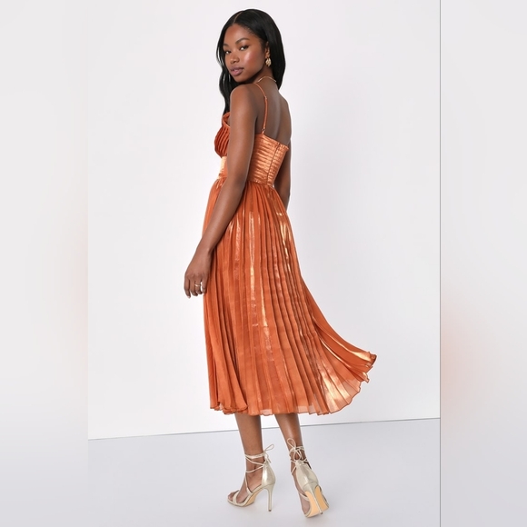 Lulu's Rust Orange Pleated Midi Sundress  Long Dress Size S - Picture 6 of 11
